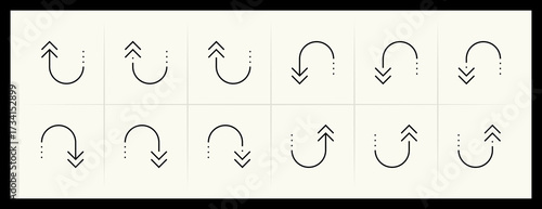 Outline circular and curved arrow icon set. Direction, navigation, downward, reload, clockwise, turn down, turn left, upward and more.
