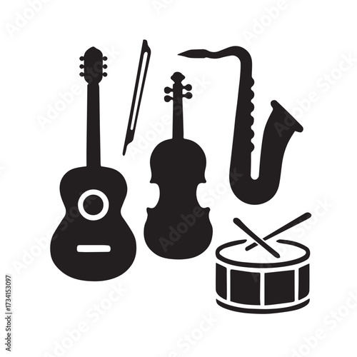 Musical instruments silhouette collection featuring acoustic guitar violin saxophone and drum with drumsticks for music events and performance themes silhouette
