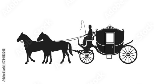Elegant horse drawn carriage with a driver vector illustration silhouette