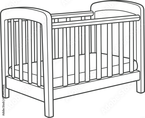 Simple line drawing of a wooden baby crib for coloring fun isolated on transparent background line art illustration for coloring book
