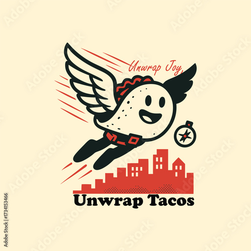 Flying Winged Taco Mascot City T-shirt Vector Design