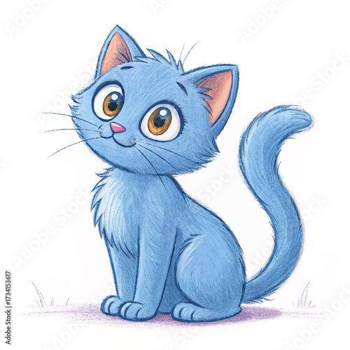 Charming whimsical drawing of a blue cat with soft silky fur, large bright eyes, and playful posture, capturing the warmth and personality of a lovable feline companion.