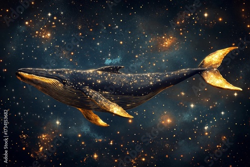 Majestic flying whale with golden fins swims gracefully among twinkling stars in the cosmos