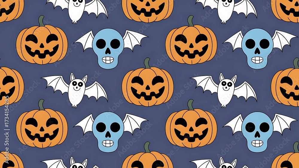 Fototapeta premium Seamless Halloween Pattern Featuring Pumpkins Skulls and Bats on a Dark Background Perfect for Festive Designs and Decorations