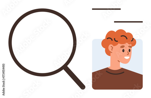 Magnifying glass next to a candidate portrait symbolizing profile review, recruitment, and selection. Ideal for hiring, resume screening, talent acquisition, human resources, job market, career