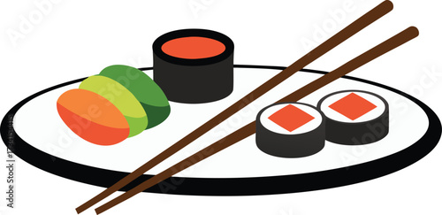 Scalable vector sushi platter with chopsticks and soy sauce asian food illustration