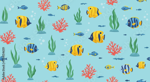 Seamless pattern featuring colorful tropical fish coral and seaweed on a light blue background design