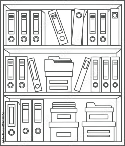 Coloring book page design of an office shelf filled with binders folders and a printer isolated on transparent background , line art illustration for children's simple coloring book
