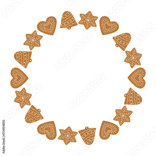 Gingerbread cookies circle frame. Design element for print, poster, banner, greeting csrd, invitation. Isolated vector illustration