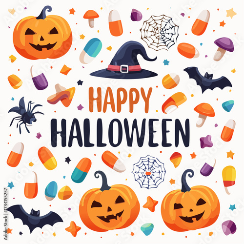 Halloween Celebration: A vibrant, hand-drawn illustration encapsulates the spirit of Halloween, adorned with a grinning jack-o'-lantern, a witch's hat, playful spiderwebs, and delectable candies.