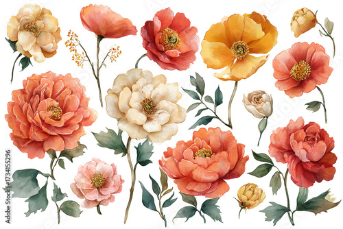 Fototapeta Naklejka Na Ścianę i Meble -  Autumn Orange and Yellow Floral Clip Art for Wedding Fashion