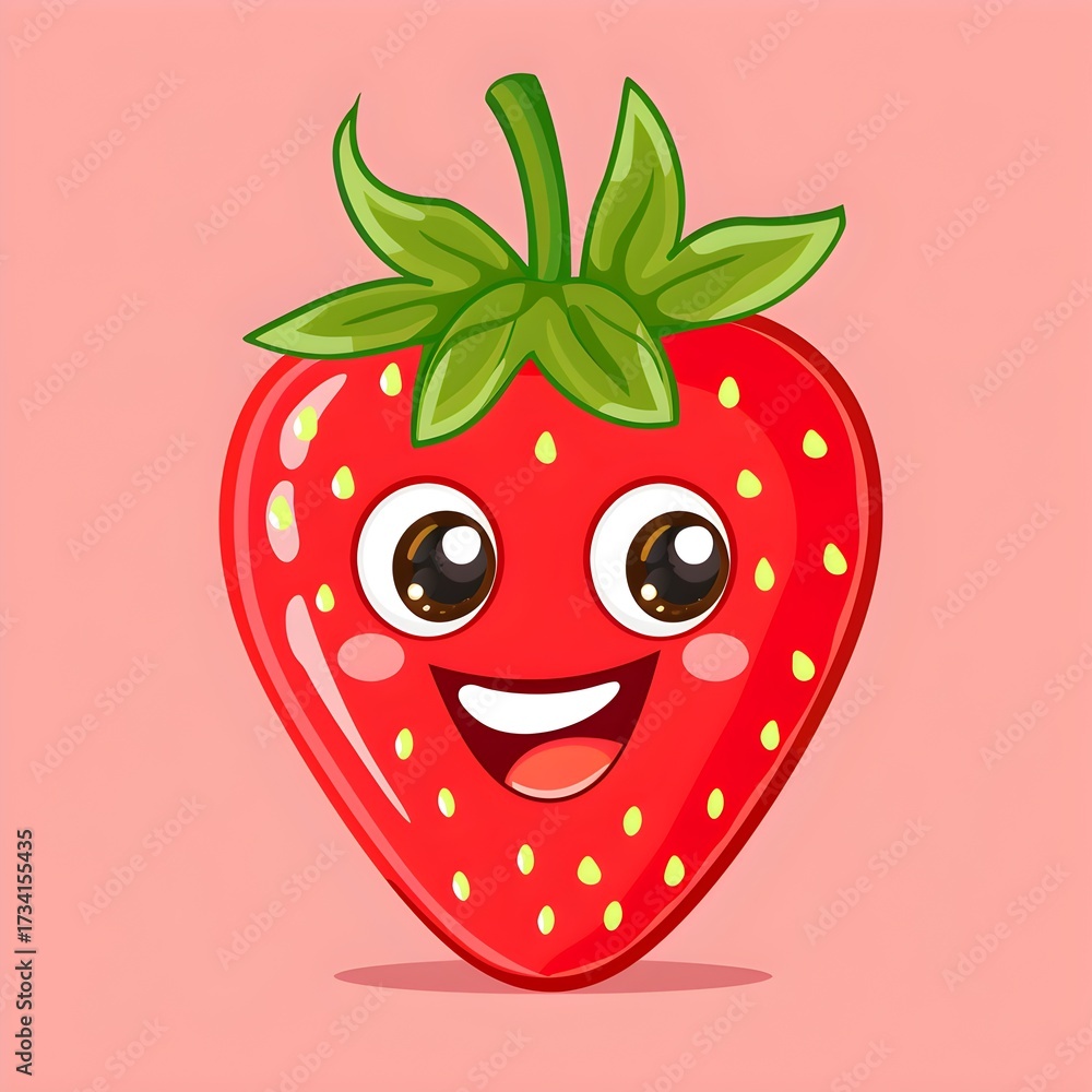 Obraz premium Cute cartoon strawberry with happy face and seeds visible, bright red vector illustration, fun design, professional stock quality 