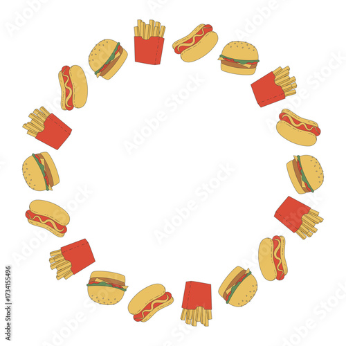 Circle frame with hot dog, burger, french fries. Design element for print, banner, poster, social media, cover. Isolated vector illustration
