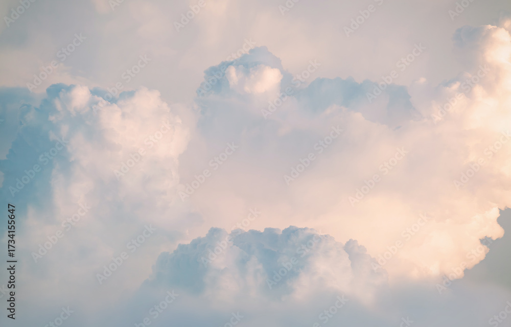 Obraz premium White fluffy cumulus clouds podium on blue sky with empty space background.Beauty cosmetic product placement pedestal present promotion minimal stand display,dreamy concept.