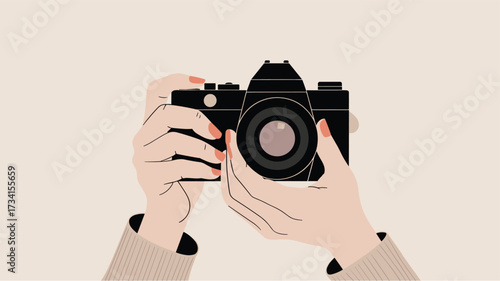 Hands Holding a Vintage Camera on Beige Background