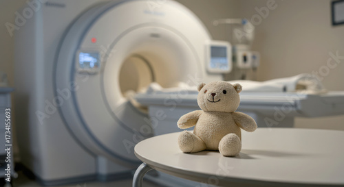 Plush teddy bear on table near MRI scanner