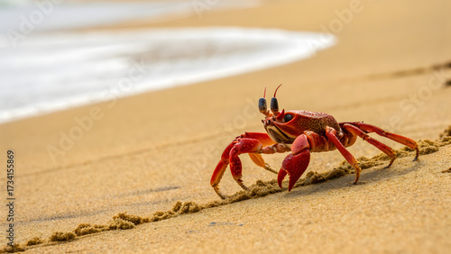 Bright red crab on the beach