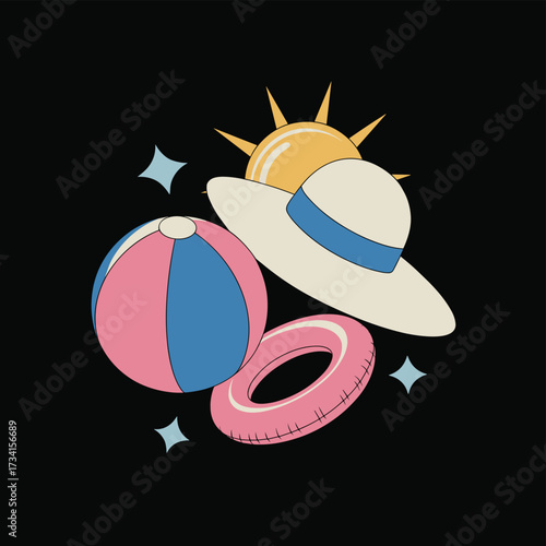 Retro Summer Vibes with Beach Elements on Black