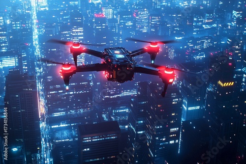 Drone equipped with lighting effects soaring above a vibrant night cityscape with stunning skyline views and glowing buildings