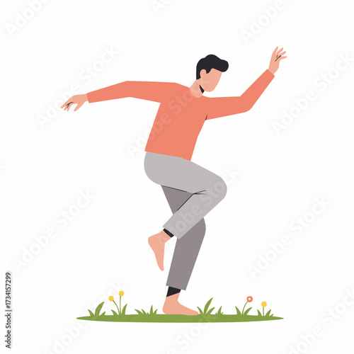 Young man dancing joyfully on grass with colorful flowers around  