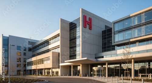 Modern hospital exterior with a large, red letter 
