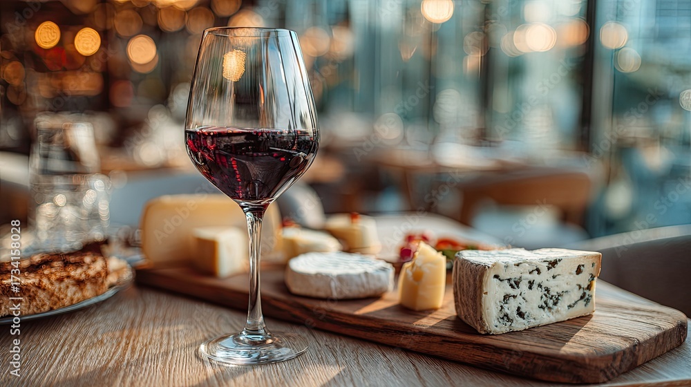 Fototapeta premium Wine glass of red wine with assorted cheeses on a wooden board