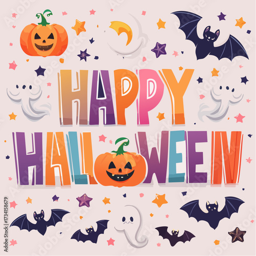 Happy Halloween: Festive vector illustration. Featuring pumpkins, bats, stars, and ghostly figures on a playful, light background, embodying the spirit of Halloween. 