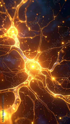Conceptual digital composition of glowing neuron branches with golden light effects creating warm and intricate abstract background
