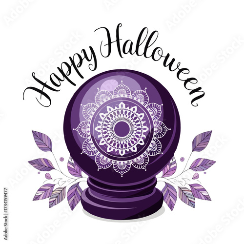 Purple crystal ball with mandala pattern and leaves happy halloween isolated on white background