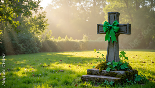 Green ribbon on cross gravestone in serene cemetery for St. Patrick's Day  
