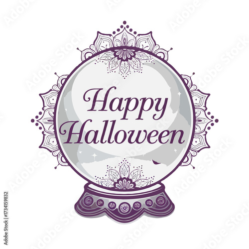 Happy halloween crystal ball with ornate frame isolated on white background