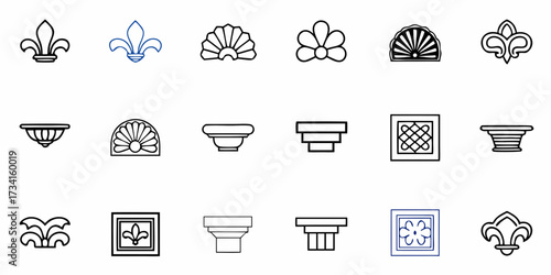 Elegant decorative elements collection featuring fleur-de-lis, floral motifs, and architectural accents for sophisticated design projects