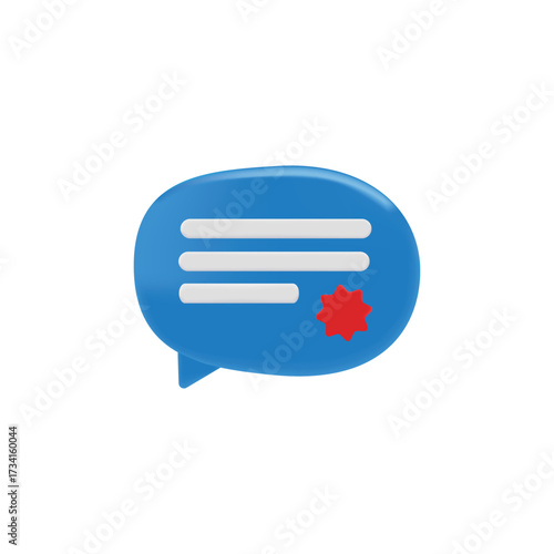 Blue Chat Bubble Icon with Lines and Star 3D Render Communication Design Messaging App Interface UI Element Feedback