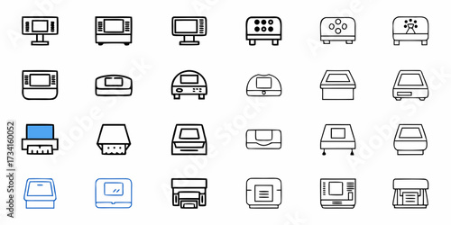 Diverse collection of modern technology icons showcasing various devices like monitors, printers, and scanners, ideal for digital interfaces and business presentations.