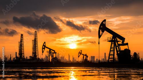 Crude oil, global crisis, drilling derricks, fossil fuels, gasoline concept, international war on oil prices worldwide, pump rig, pumpjack, oil and gas production, oilfield site