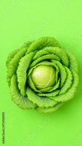 Fresh green cabbage against a vibrant green backdrop overhead view