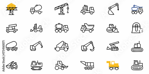 Dynamic collection of construction vehicle icons, showcasing excavators, cranes, concrete mixers, dump trucks, and loaders for industrial projects and blueprints.