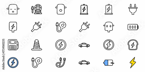 Electric Vehicle Revolution Graphics Featuring Charging Cables, Power Plugs, and EV Battery Icons: Modern Sustainable Transport Illustrations, Clean Energy for All