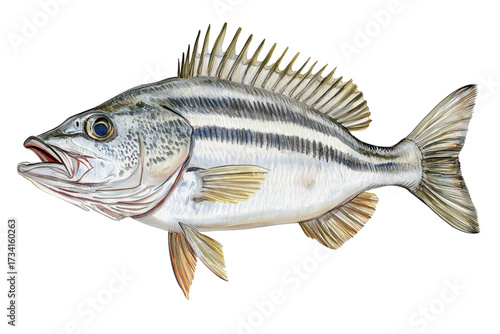 Detailed Watercolor Painting of Striped Sea Bass Isolated on Transparent Background. Striped Sea Bass Fish Watercolor Cutout PNG.