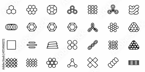 Collection of geometric shapes and patterns, perfect for scientific illustrations, modern logos, or minimalist design elements with clean lines and versatile uses