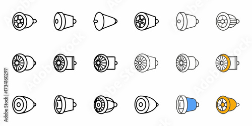 Explore a diverse collection of jet engine icons, perfect for aviation, engineering, or transportation projects, offering scalable vector graphics for versatile design needs