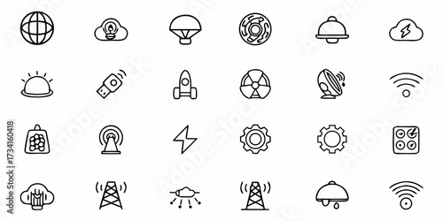 Essential technology and science line icons for modern designs, perfect for websites, apps, and presentations, conveying innovation and connectivity