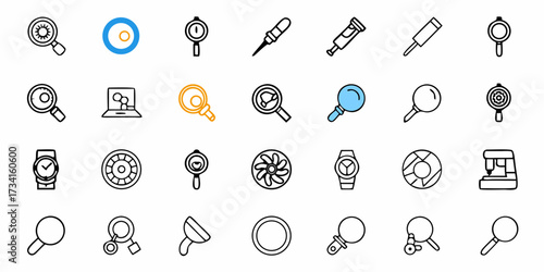 Diverse collection of outline icons representing search, tools, and everyday items, perfect for website design, app development, and visual communication projects