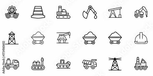 Essential Mining and Construction Equipment Line Icons for Industry Projects, Featuring Cranes, Excavators, and Safety Gear in a Modern Vector Style