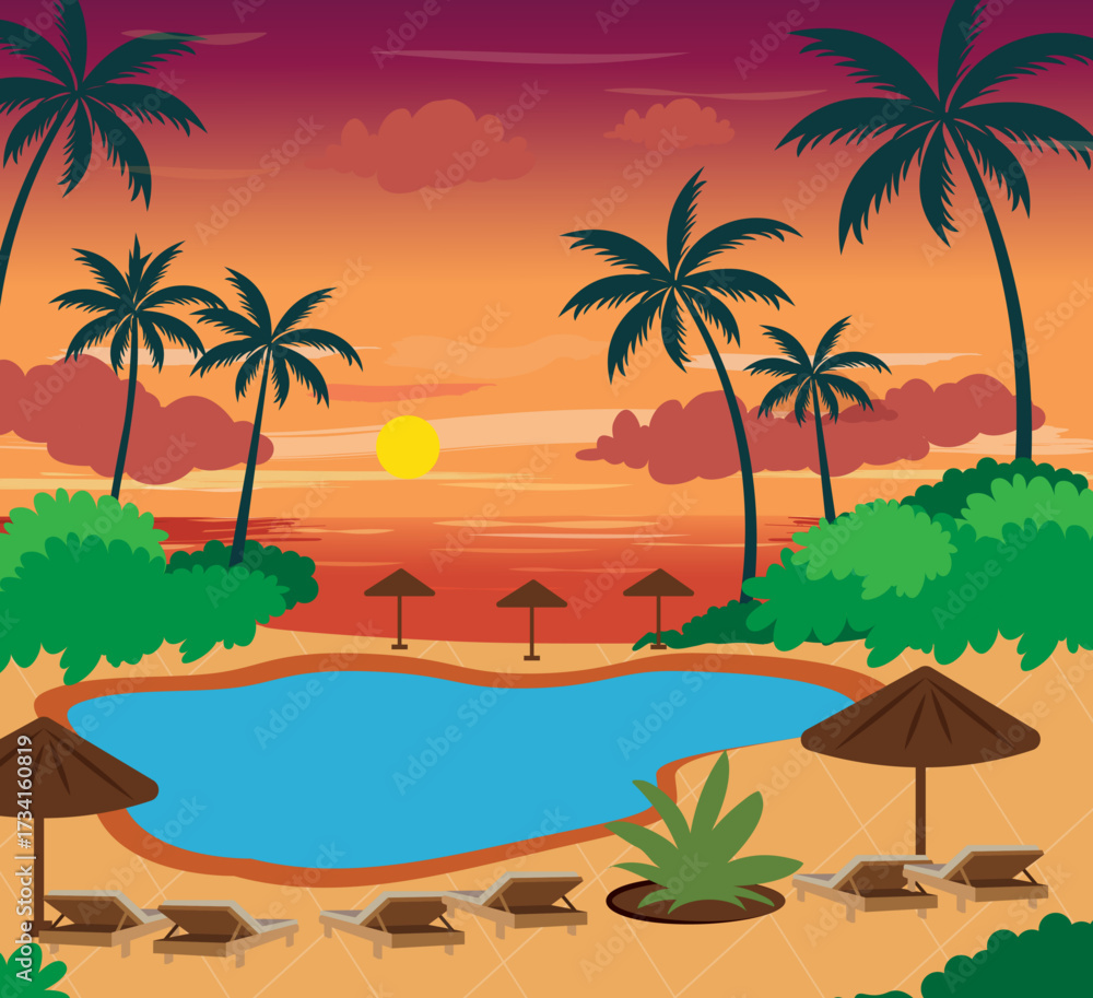 Obraz premium tropical resort sunset beach holiday illustration