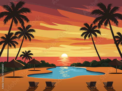 tropical resort sunset beach holiday illustration