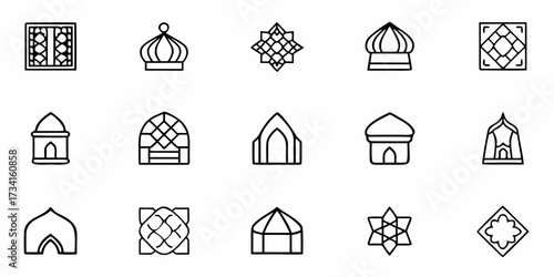Stunning collection of Islamic geometric patterns and architectural elements, perfect for cultural design projects and festive decorations, offering timeless elegance and intricate beauty