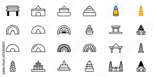 Diverse collection of iconic architectural landmarks and cultural structures, presented as clean, modern line art icons for versatile design applications and global inspiration.