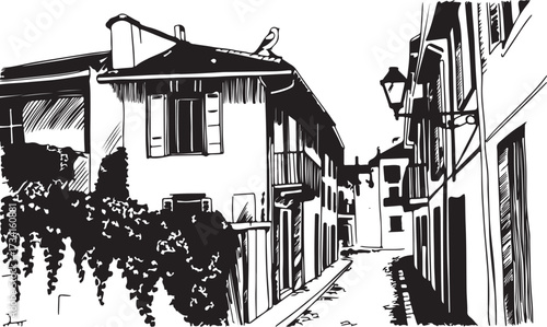 Italian Street with Traditional Architecture and Bird on Roof Sketch Vector