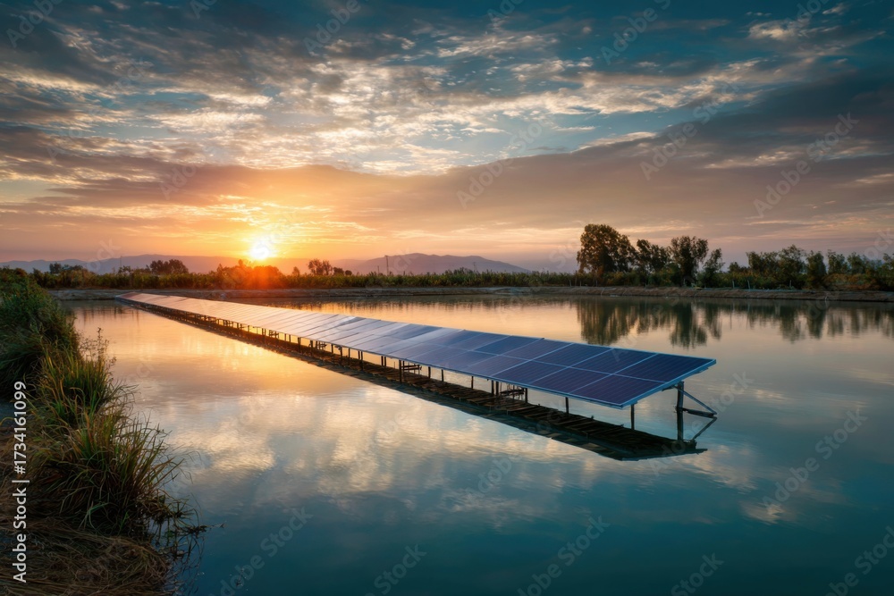 Fototapeta premium Floating solar panels on calm water under a colorful sunset